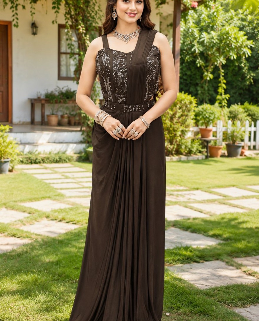 DARKBROWN - Blissful Brown Lycra Lehenga Style Saree